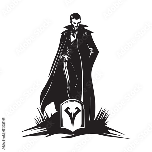 Dracula Stands On Tombstone His Cloak Image vector isolated on white background.
