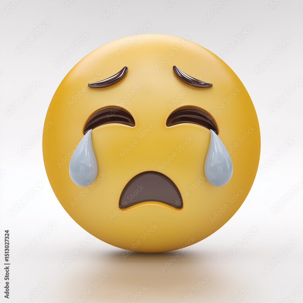 Fototapeta premium Sad Emoji: A depiction of a sad emoji, featuring a yellow sphere with downturned eyebrows, closed mouth, and teary eyes, conveys a message of sorrow and sadness.