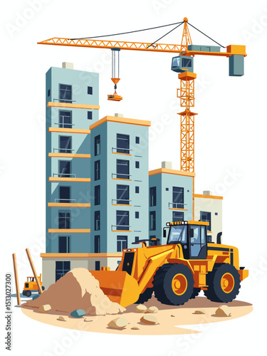 Construction of building crane with bulldozer, Machinery working in area