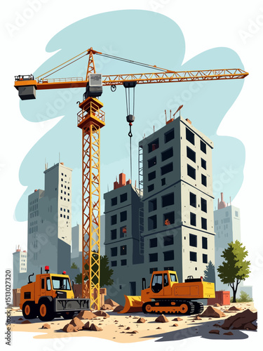 Construction of building crane with bulldozer, Machinery working in area