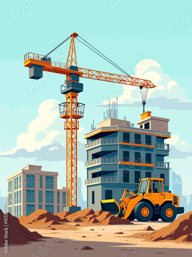 Construction of building crane with bulldozer, Machinery working in area