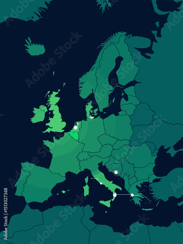  euro a map of europe showing all of the capital cities as a green dot connected by wires