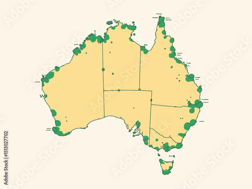 map of australia showing all of the capital cities as a green dot connected by wires