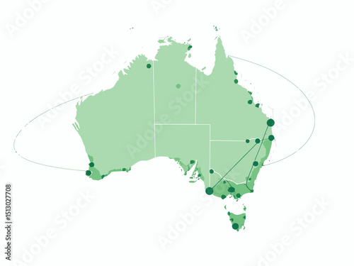 map of australia showing all of the capital cities as a green dot connected by wires