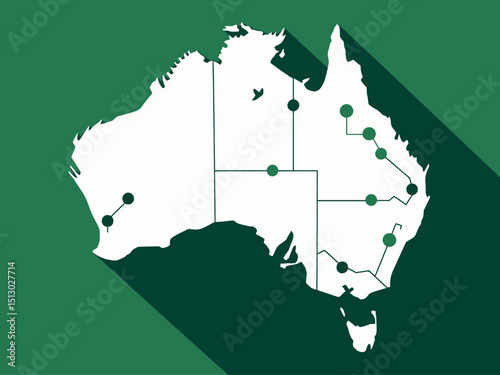 map of australia showing all of the capital cities as a green dot connected by wires