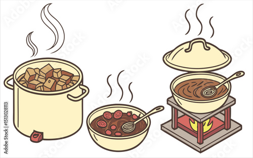 Illustrations of hot dishes and stews for a culinary themed background