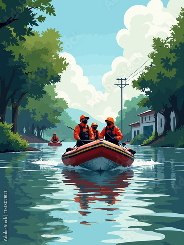 Rescue boat team helping people by pushing a boat through a flooded road