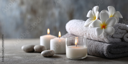 Spa composition with towels, flowers, candles and cosmetics on table in salon, spa background	
