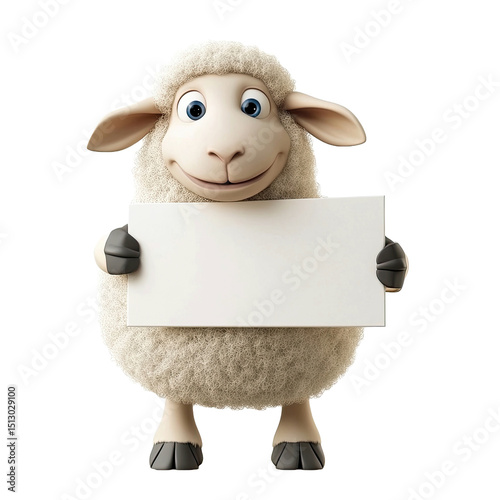 3D sheep character holding a blank rectangular board on transparent background