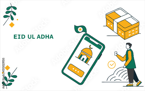 Online eid ul adha donation concept via mobile app with mosque icon