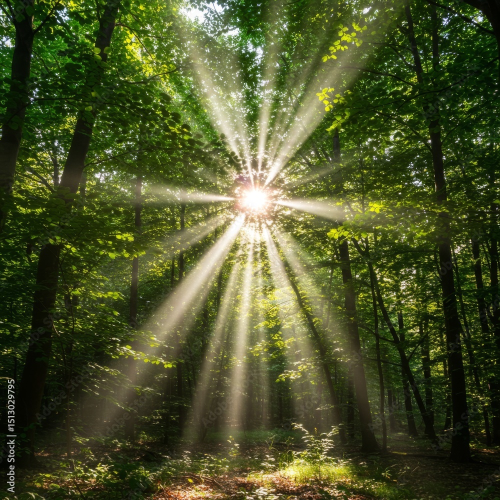 Obraz premium Sunbeams Streaming Through Lush Green Forest