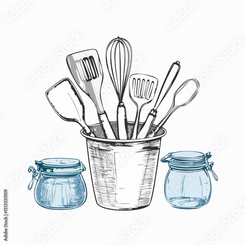Kitchen tools in detailed line drawings with vintage charm.