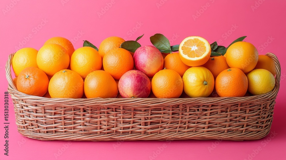 Vibrant Citrus and Apples Displayed in Rustic Wicker Basket Against a Pink Backdrop, Creating a Fresh and Eye-Catching Still Life Composition Vibrant Citrus and Apples Displayed in Rustic Wicker Basket Against a Pink Backdrop, Creating a Fresh and Eye-Catching Still Life Composition