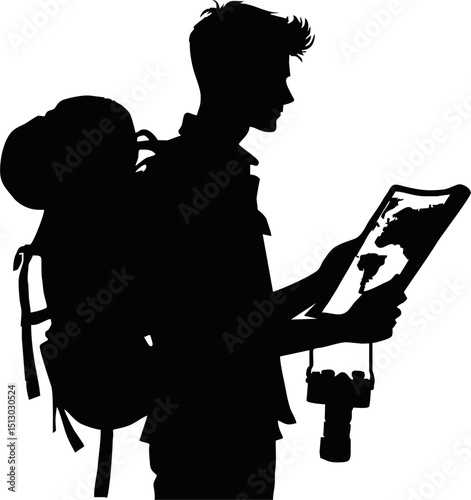 Silhouette of traveler holding map vector isolated on a white background