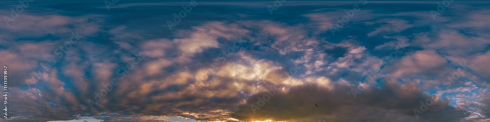 Obraz premium Sunset sky with bright glowing pink Cumulus clouds. Seamless spherical HDR 360 panorama. Full zenith or sky dome in 3D, sky replacement for aerial drone panoramas. Climate and weather change.