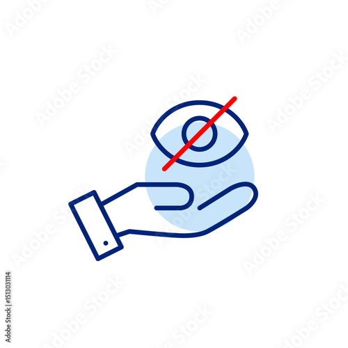 Vector icon of crossed-out eye in hand, symbolizing intentional privacy, protection of secrets, or hidden awareness. Ideal for security apps, mindfulness tools, and privacy platforms