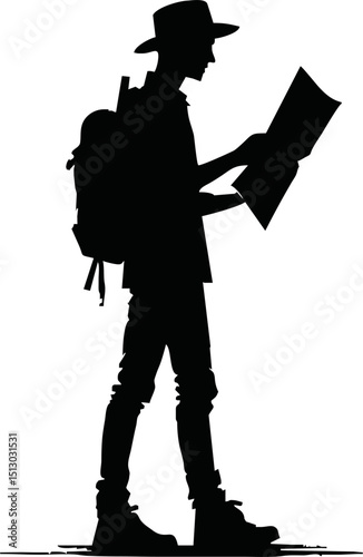 Silhouette of traveler holding map vector isolated on a white background