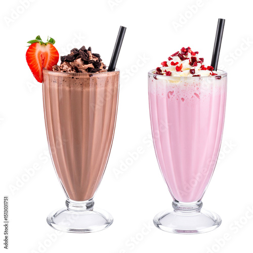 Chocolate and Strawberry Milkshakes in Tall Glasses with Toppings