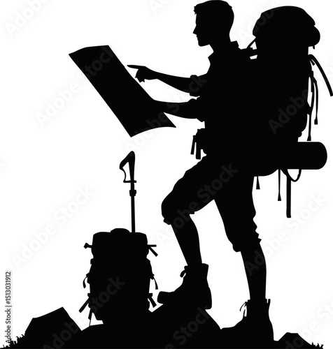 Silhouette of traveler holding map vector isolated on a white background