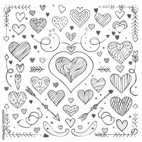 Playful hand-drawn hearts and arrows for love-themed illustrations.