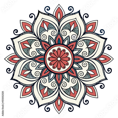 "intricate mandala design, geometric floral pattern, radial symmetry, ornate decorative elements, detailed symmetrical illustration, complex color palette, vibrant colors, digital art"
