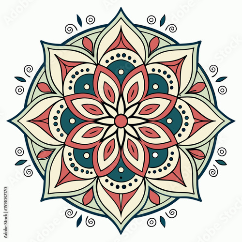 "intricate mandala design, geometric floral pattern, radial symmetry, ornate decorative elements, detailed symmetrical illustration, complex color palette, vibrant colors, digital art"
