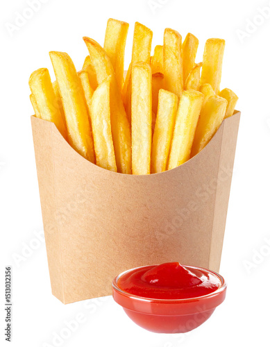 Classic French Fries in Takeout Box with Ketchup Dip