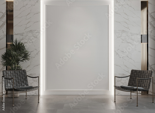 Fototapeta Naklejka Na Ścianę i Meble -  Modern home and living room with black leather arm chairs mockup decoration and white pattern wall texture background interior design. 3d rendeing 