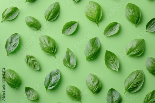 Basil leaves arranged on a light green background in an even pattern. For healthy recipes or fresh ingredient visuals.