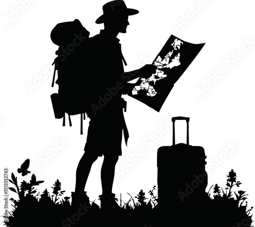 Silhouette of traveler holding map vector isolated on a white background