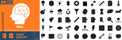Idea Solid Editable Icons set. Vector illustration in modern thin solid style of idea icons: Electric lamp, light, innovation, etc