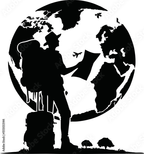 Silhouette of traveler holding map vector isolated on a white background