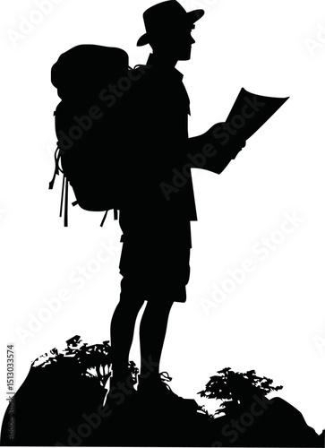 Silhouette of traveler holding map vector isolated on a white background