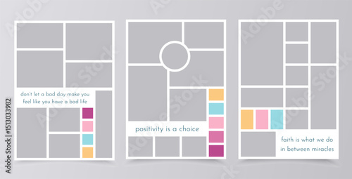 Mood board template. Photo collage layout. Mosaic pictures album grid. Moodboard background. Set photomontage frames. Scrapbook images. Poster design with colour palette and quote. Vector illustration