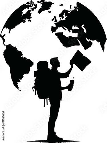 Silhouette of traveler holding map vector isolated on a white background