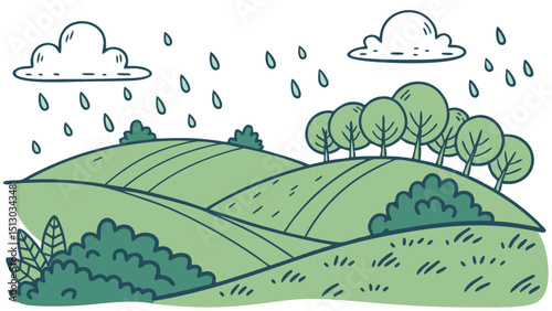 Rainy Hillscape – Misty Hills Under Rainy Sky Vector Scene