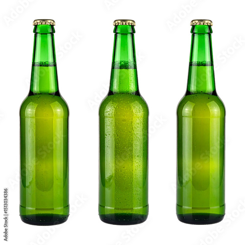 Three of Chilled Green Beer Bottles Arranged Side By Side