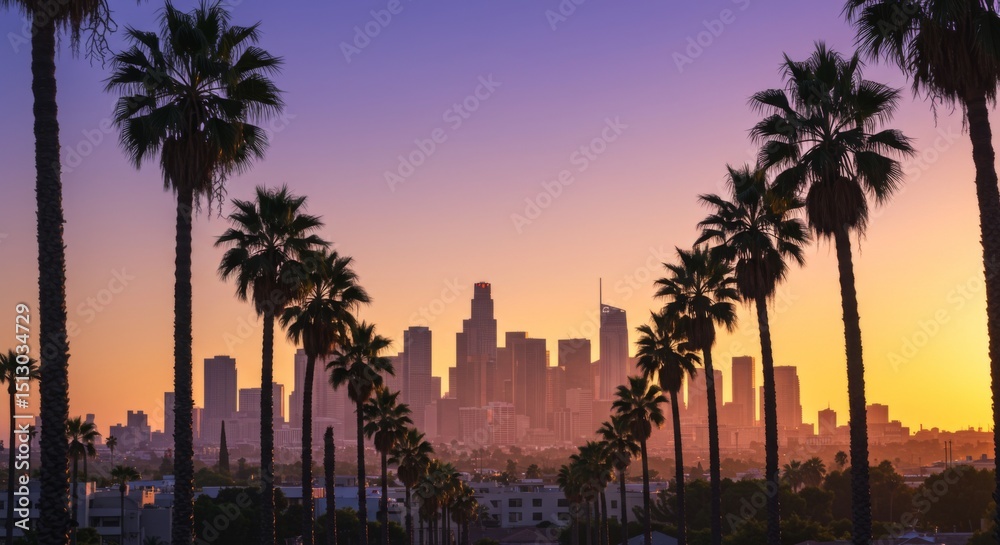 Obraz premium Los Angeles City Skyline at Sunset with Palm Trees