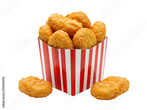 Crispy fried chicken nuggets served in a red and white striped takeaway box, isolated on a transparent background—the perfect fast food snack with golden texture and mouth-watering appeal. photo