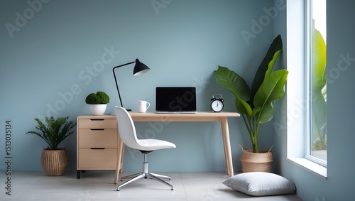 Bright Home Office Setup with Wooden Furniture
