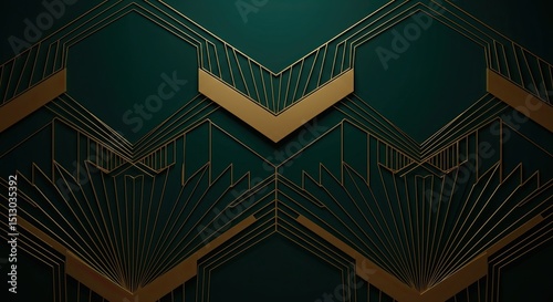 Opulent Art Deco geometric pattern with intricate gold lines on an emerald green background. Elegant, symmetrical design perfect for luxury branding, vintage themes, or stylish wallpapers.