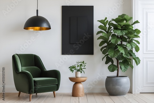 Modern Interior with Green Velvet Armchair and Fiddle Leaf Fig
