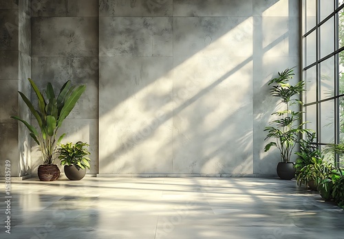 Minimalist interior mockup with concrete wall and plants

 photo