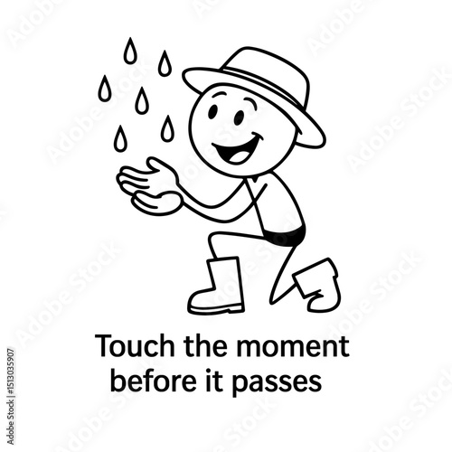 Stick figure catching raindrops with quote in black and white