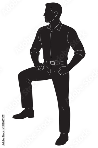 Silhouette of a man with one knee up on an invisible rock, hands resting on raised knee