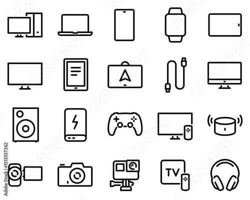 Simple Set of Electronic Devices Related Vector Line Icons. Contains such Icons as Game Console, Smart Speaker, Action Camera and more.