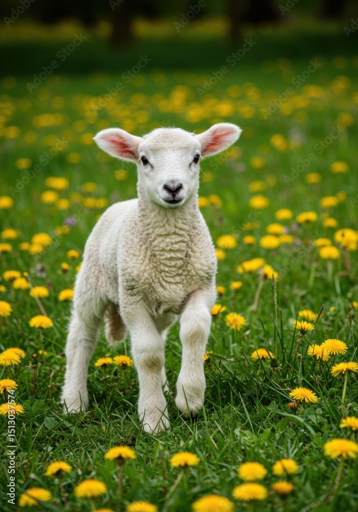 Fototapeta premium Adorable White Lamb in a Dandelion Field