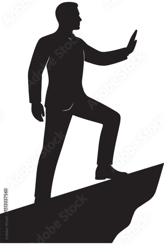 Silhouette of a man standing on an implied ledge with one foot forward, gazing into the distance, celebrity on ramp silhouette