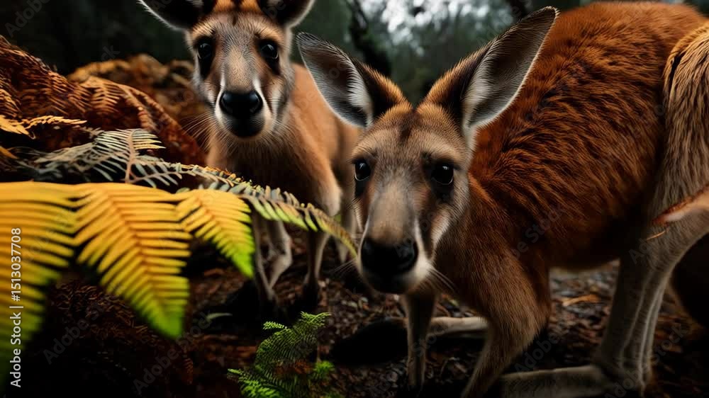 Two brown kangaroos curiously explore the wooded landscape, looking directly at the camera with curious eyes, surrounded by ferns and foliage.