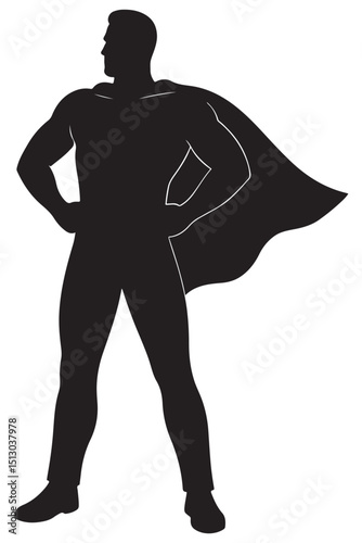 Silhouette of a man with cape implied, standing with hands on hips in superhero fashion, superman standing silhouette